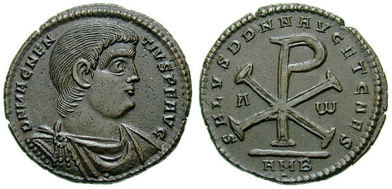 Roman coin displaying the Chi-Rho symbol. Notice the use of Alpha (Α) and Omega (Ω), a reference to Christ Jesus in Revelation 22:13.