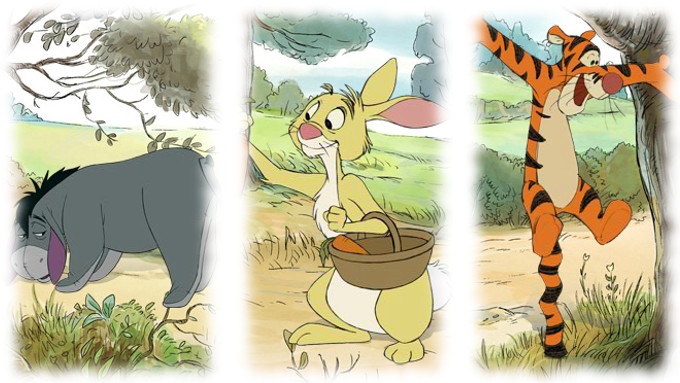 Eeyore, Rabbit, and Tigger from Disney’s animated movies based on A. A. Milne’s books.