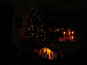 Christmas tree, Nativity, and candles at Christmas