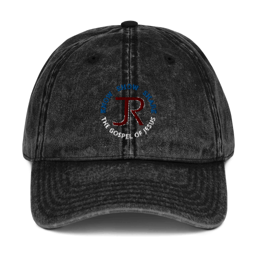 Black denim-style baseball cap with JR logo and Know Show Share the gospel of Jesus