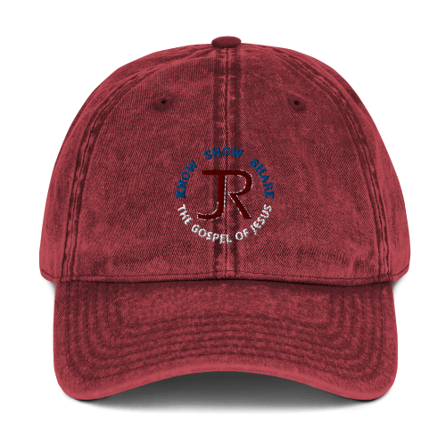 Maroon denim-style baseball cap with JR logo and Know Show Share the gospel of Jesus