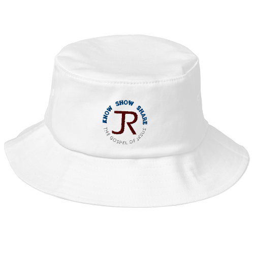 White fishing bucket hat with JR logo and Know Show Share the gospel of Jesus