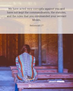 Bible meme quoting Nehemiah 1:7 with woman sitting in empty old church