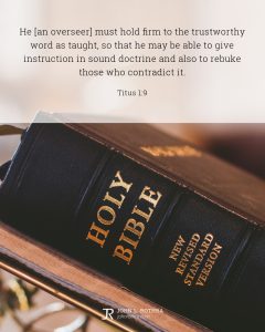 Bible meme quoting Titus 1:9 with closed Bible on podium