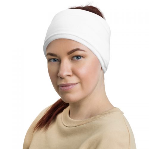 Woman wearing neck gaiter as a head band