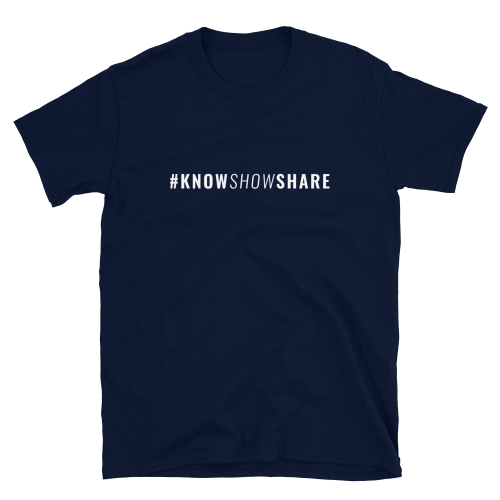 Navy blue short-sleeve t-shirt with hashtag know show share in white