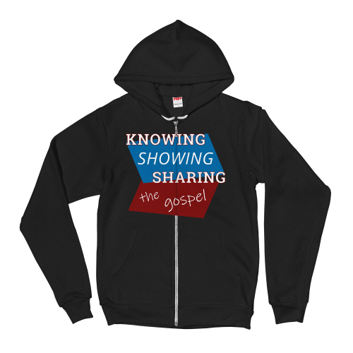 Black zip-up hoodie with Knowing Showing Sharing the gospel on blue and red background