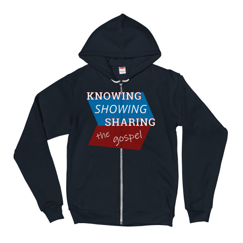 Navy blue zip-up hoodie with Knowing Showing Sharing the gospel on blue and red background