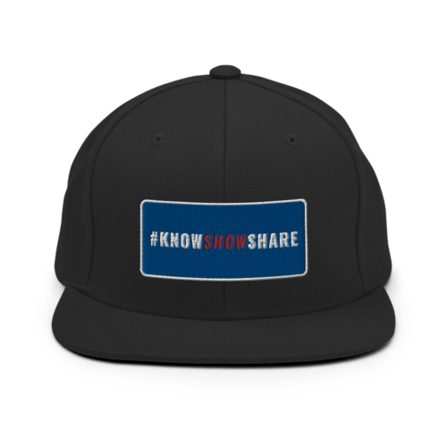 Black snapback hat with hashtag Know Show Share inside a blue rectangle with white border