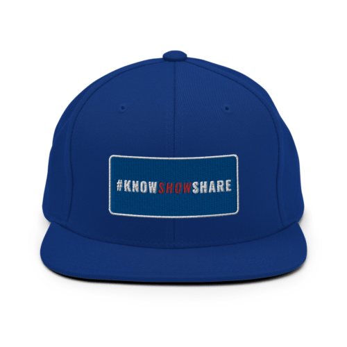 Royal blue snapback hat with hashtag Know Show Share inside a blue rectangle with white border