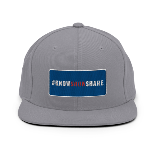 Silver gray snapback hat with hashtag Know Show Share inside a blue rectangle with white border